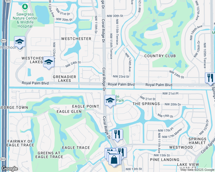 map of restaurants, bars, coffee shops, grocery stores, and more near 2291 Coral Ridge Drive in Coral Springs