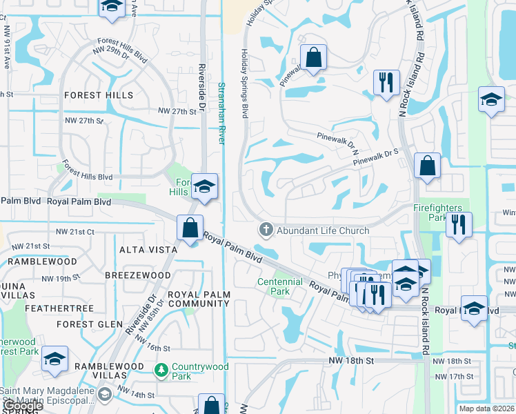 map of restaurants, bars, coffee shops, grocery stores, and more near 2620 Northwest 79th Avenue in Margate