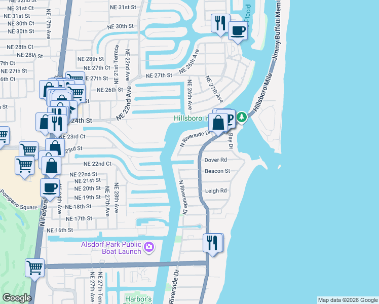 map of restaurants, bars, coffee shops, grocery stores, and more near 3204 Norfolk Street in Pompano Beach