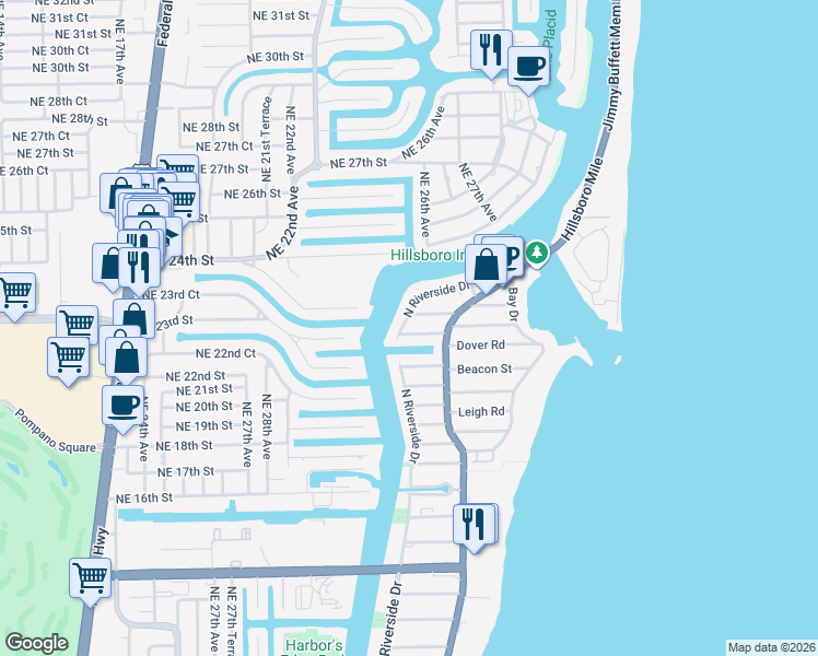 map of restaurants, bars, coffee shops, grocery stores, and more near 3204 Norfolk Street in Pompano Beach
