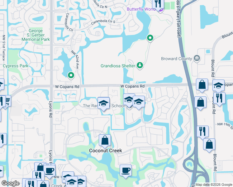 map of restaurants, bars, coffee shops, grocery stores, and more near 2254 Seagrape Circle in Coconut Creek