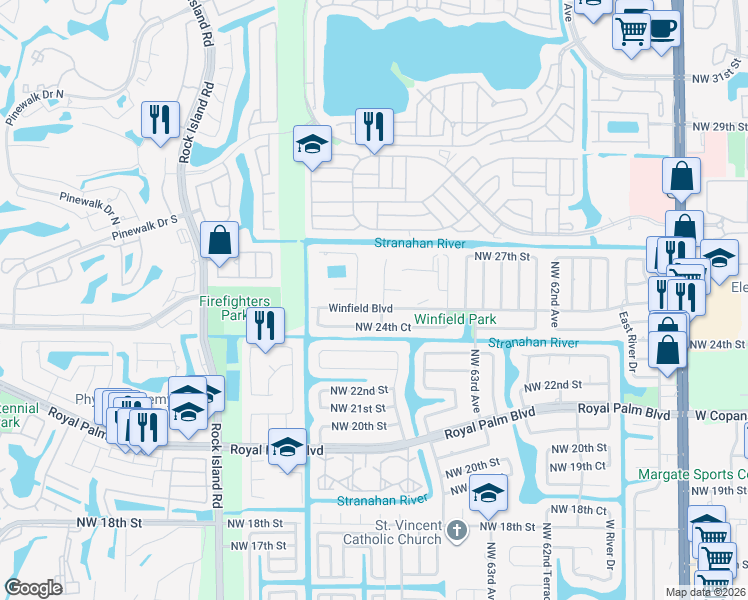 map of restaurants, bars, coffee shops, grocery stores, and more near 2510 Northwest 67th Terrace in Margate