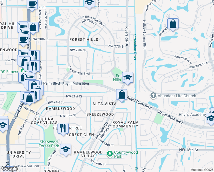 map of restaurants, bars, coffee shops, grocery stores, and more near 8355 Royal Palm Boulevard in Coral Springs