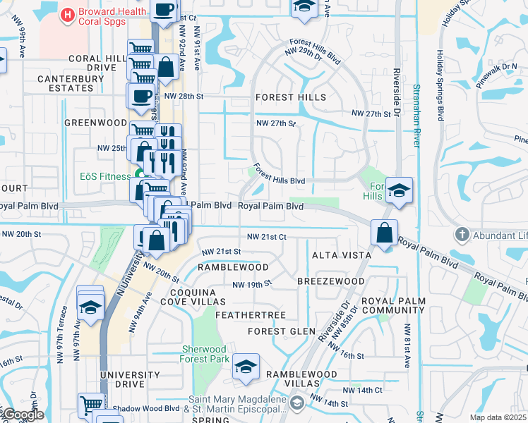 map of restaurants, bars, coffee shops, grocery stores, and more near 8880 Royal Palm Boulevard in Coral Springs