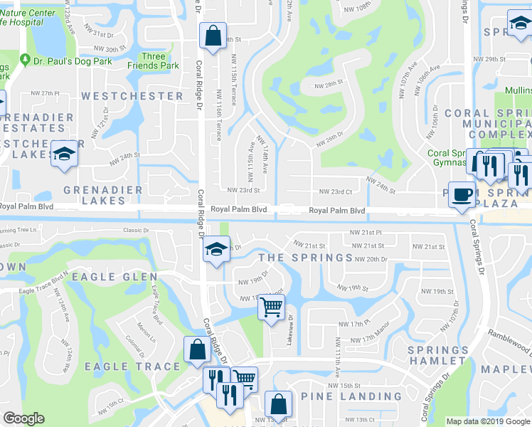 map of restaurants, bars, coffee shops, grocery stores, and more near 11417 Royal Palm Boulevard in Coral Springs