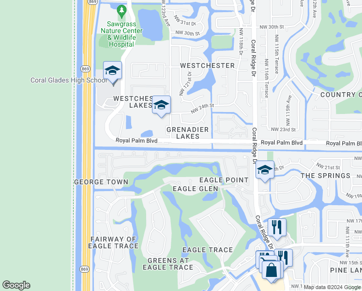 map of restaurants, bars, coffee shops, grocery stores, and more near 12236 Royal Palm Boulevard in Coral Springs