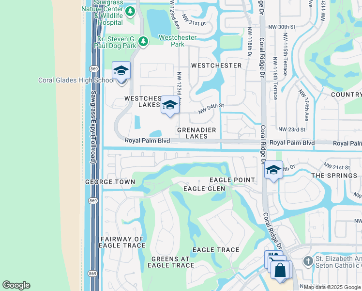 map of restaurants, bars, coffee shops, grocery stores, and more near 12236 Royal Palm Boulevard in Coral Springs
