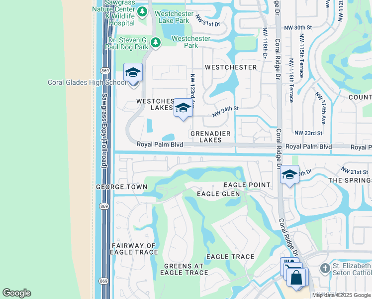 map of restaurants, bars, coffee shops, grocery stores, and more near 12330 Royal Palm Boulevard in Coral Springs