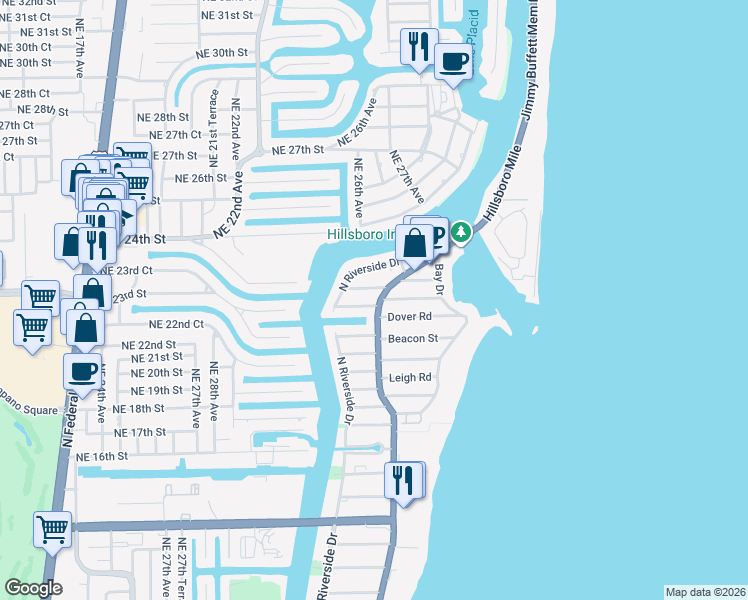 map of restaurants, bars, coffee shops, grocery stores, and more near 3213 Dover Road in Pompano Beach