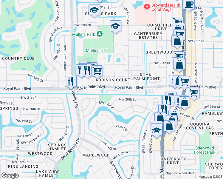 map of restaurants, bars, coffee shops, grocery stores, and more near 10194 Royal Palm Boulevard in Coral Springs