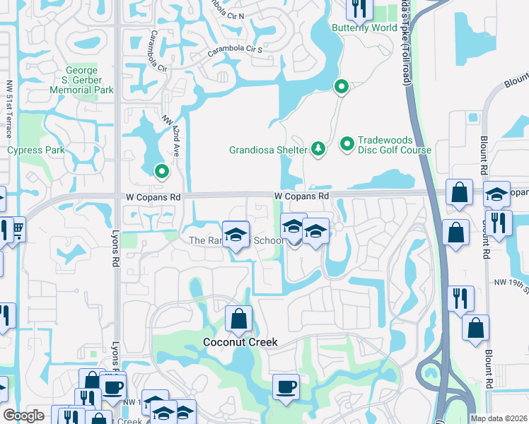 map of restaurants, bars, coffee shops, grocery stores, and more near 2254 Seagrape Circle in Coconut Creek