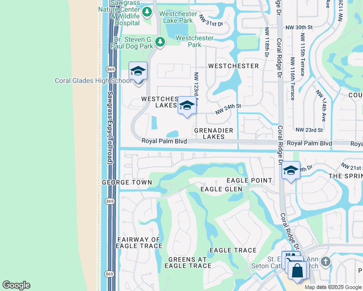 map of restaurants, bars, coffee shops, grocery stores, and more near 12330 Royal Palm Boulevard in Coral Springs