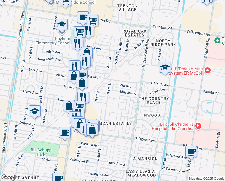 map of restaurants, bars, coffee shops, grocery stores, and more near Kiwi Avenue in McAllen
