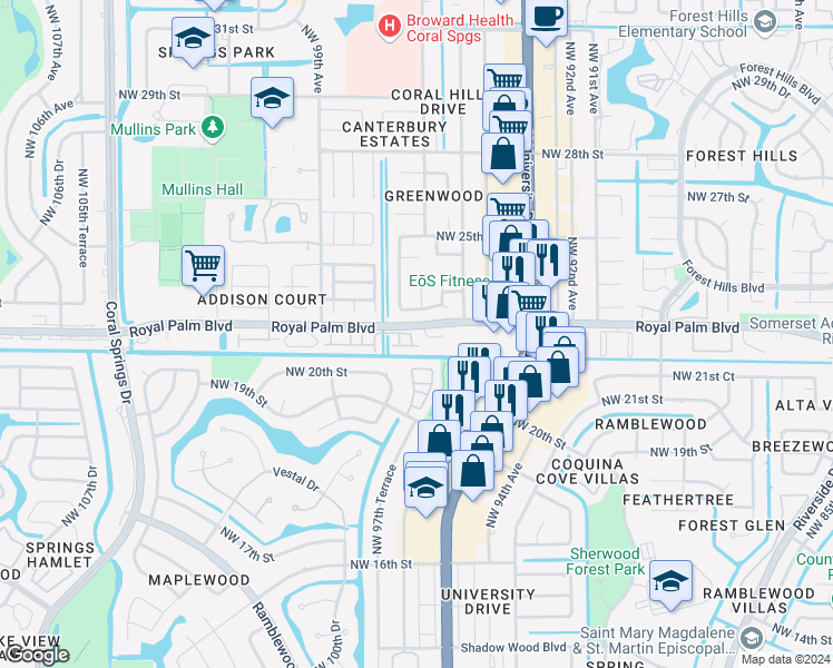 map of restaurants, bars, coffee shops, grocery stores, and more near 9640 Royal Palm Boulevard in Coral Springs