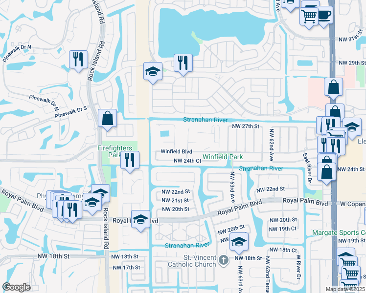 map of restaurants, bars, coffee shops, grocery stores, and more near 2510 Northwest 67th Terrace in Margate