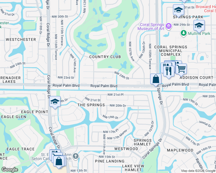 map of restaurants, bars, coffee shops, grocery stores, and more near 107 Royal Palm Boulevard in Coral Springs