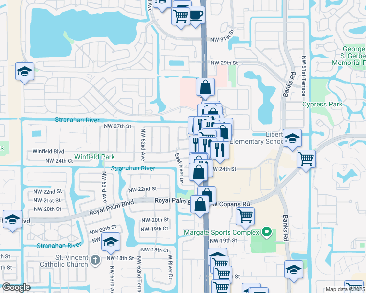 map of restaurants, bars, coffee shops, grocery stores, and more near 5787 Winfield Boulevard in Margate