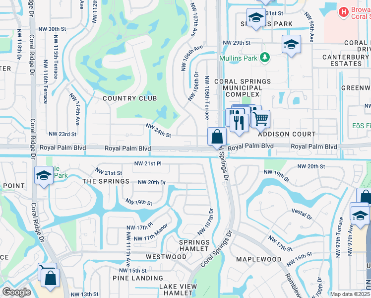 map of restaurants, bars, coffee shops, grocery stores, and more near 10795 Royal Palm Boulevard in Coral Springs