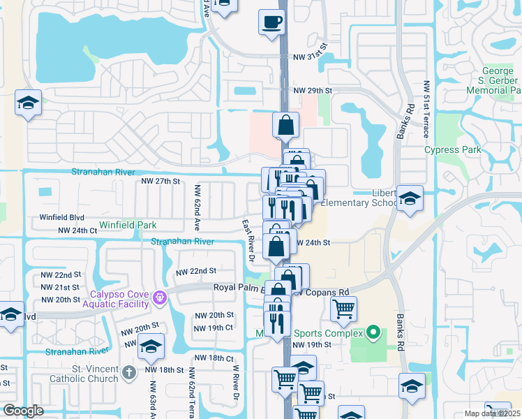 map of restaurants, bars, coffee shops, grocery stores, and more near 5787 Winfield Boulevard in Margate