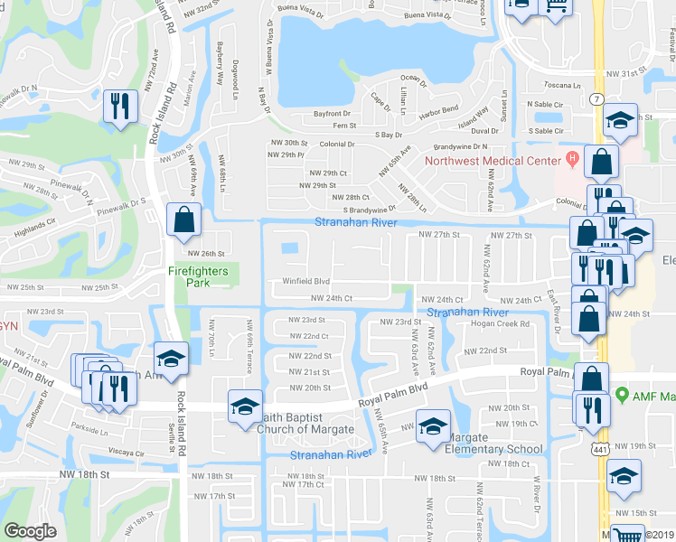 map of restaurants, bars, coffee shops, grocery stores, and more near 6303 Winfield Boulevard in Margate