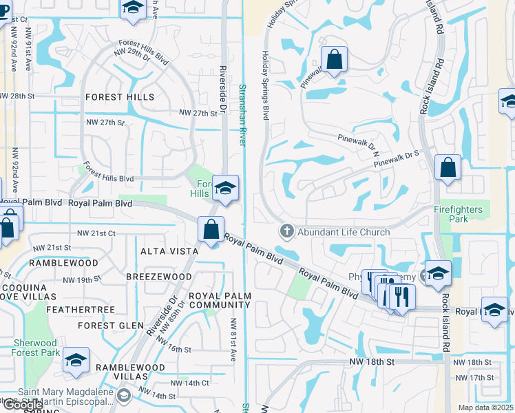 map of restaurants, bars, coffee shops, grocery stores, and more near 2565 Northwest 80th Avenue in Margate