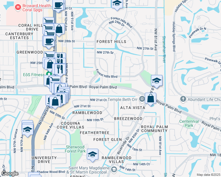 map of restaurants, bars, coffee shops, grocery stores, and more near 2332 Northwest 87th Drive in Coral Springs