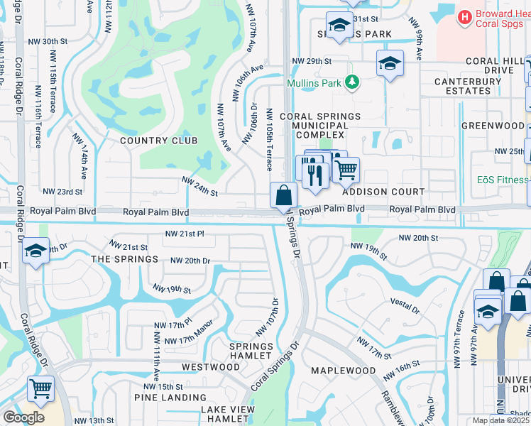 map of restaurants, bars, coffee shops, grocery stores, and more near 10601 Royal Palm Boulevard in Coral Springs