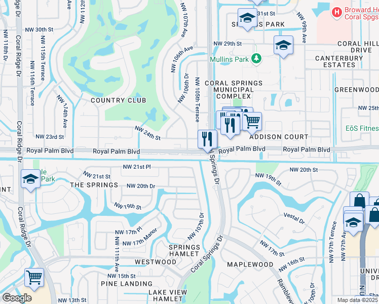 map of restaurants, bars, coffee shops, grocery stores, and more near 10601 Royal Palm Boulevard in Coral Springs