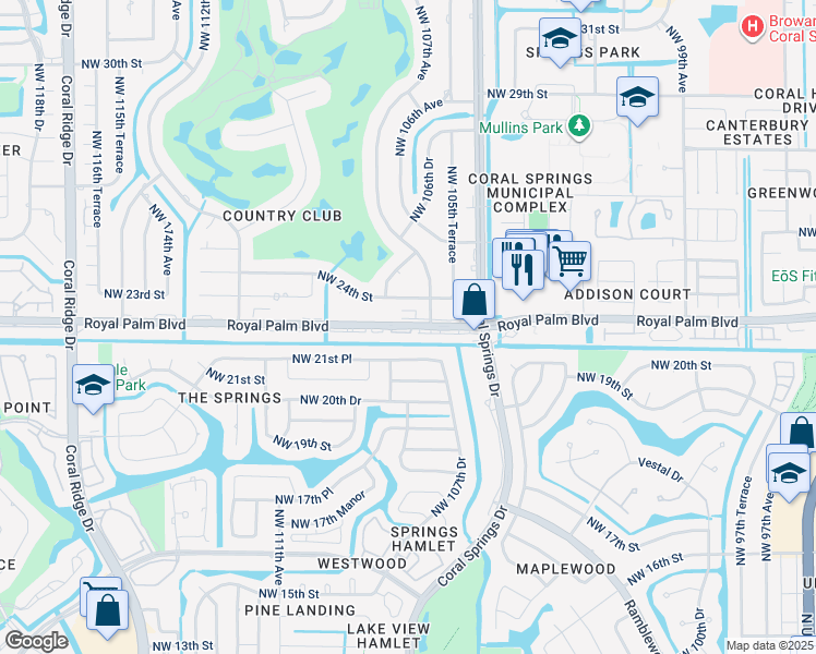 map of restaurants, bars, coffee shops, grocery stores, and more near 10795 Royal Palm Boulevard in Coral Springs