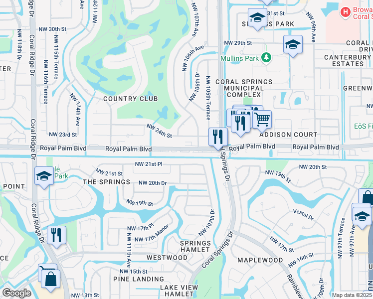 map of restaurants, bars, coffee shops, grocery stores, and more near 10795 Royal Palm Boulevard in Coral Springs