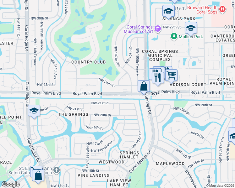 map of restaurants, bars, coffee shops, grocery stores, and more near in Coral Springs