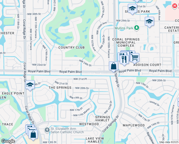 map of restaurants, bars, coffee shops, grocery stores, and more near 10876 Royal Palm Boulevard in Coral Springs
