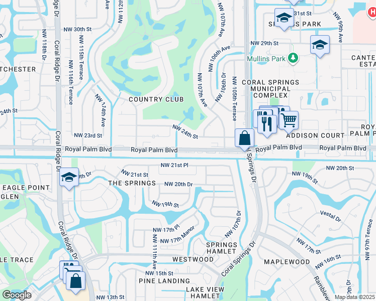 map of restaurants, bars, coffee shops, grocery stores, and more near 10876 Royal Palm Boulevard in Coral Springs