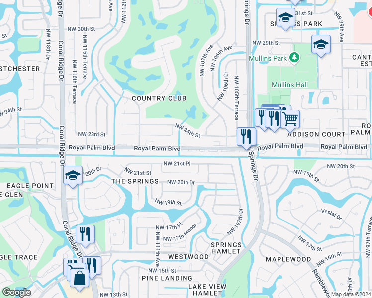 map of restaurants, bars, coffee shops, grocery stores, and more near 10876 Royal Palm Boulevard in Coral Springs