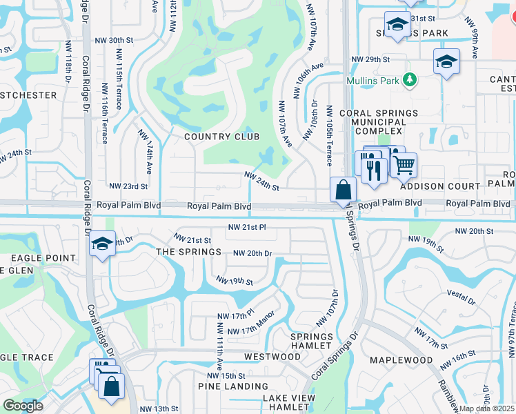 map of restaurants, bars, coffee shops, grocery stores, and more near 10876 Royal Palm Boulevard in Coral Springs