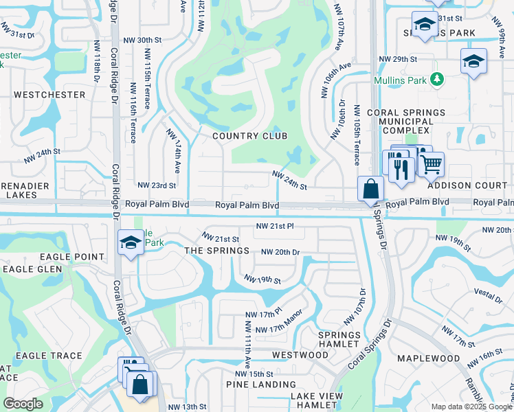 map of restaurants, bars, coffee shops, grocery stores, and more near 107 Royal Palm Boulevard in Coral Springs