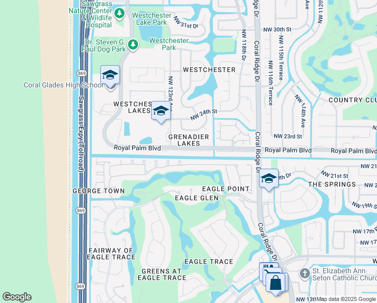 map of restaurants, bars, coffee shops, grocery stores, and more near 12030 Royal Palm Boulevard in Coral Springs