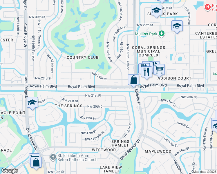 map of restaurants, bars, coffee shops, grocery stores, and more near 10795 Royal Palm Boulevard in Coral Springs