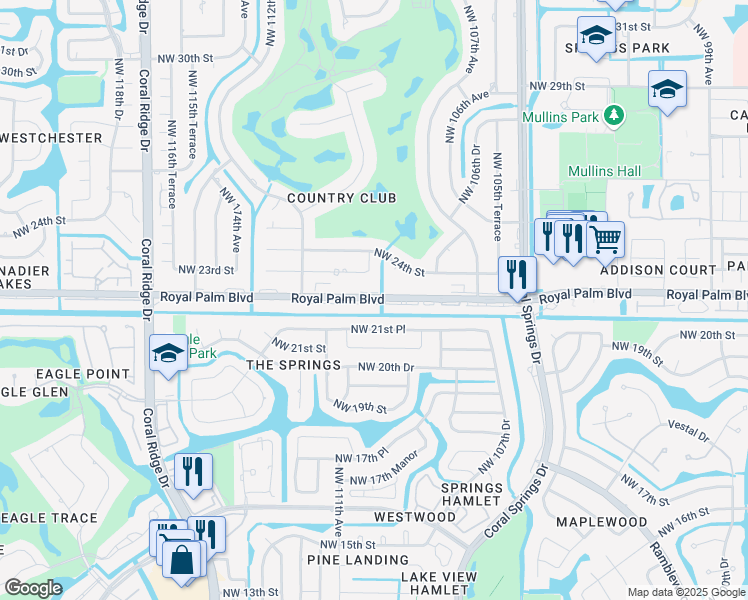 map of restaurants, bars, coffee shops, grocery stores, and more near 10974 Royal Palm Boulevard in Coral Springs