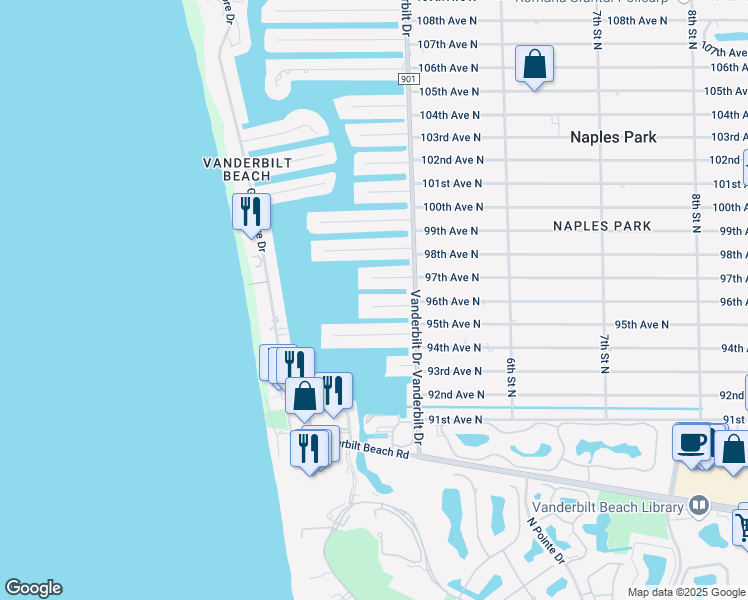 map of restaurants, bars, coffee shops, grocery stores, and more near 391 Pine Avenue in Naples