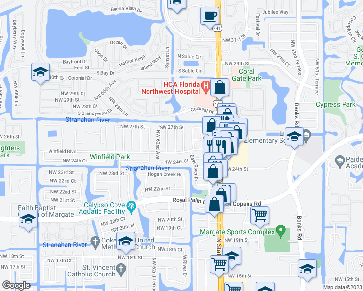 map of restaurants, bars, coffee shops, grocery stores, and more near 2545 Northwest 59th Avenue in Margate