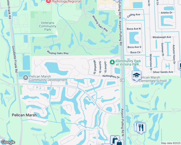 map of restaurants, bars, coffee shops, grocery stores, and more near 601 Nottingham Drive in Naples