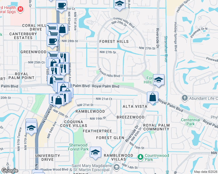 map of restaurants, bars, coffee shops, grocery stores, and more near 2332 Northwest 87th Drive in Coral Springs