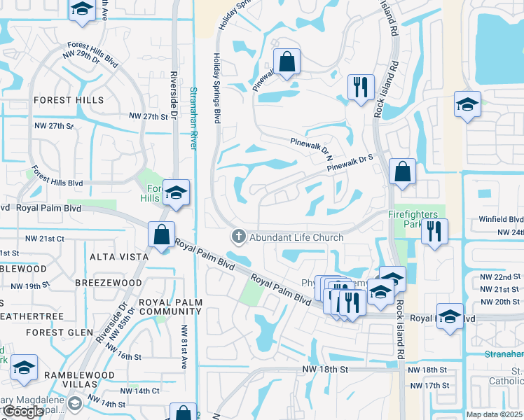 map of restaurants, bars, coffee shops, grocery stores, and more near 7654 Pinewalk Drive South in Margate