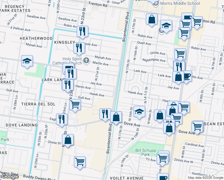 map of restaurants, bars, coffee shops, grocery stores, and more near 1904 Heron Avenue in McAllen