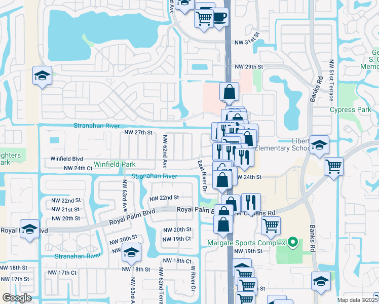 map of restaurants, bars, coffee shops, grocery stores, and more near 2545 Northwest 59th Avenue in Margate
