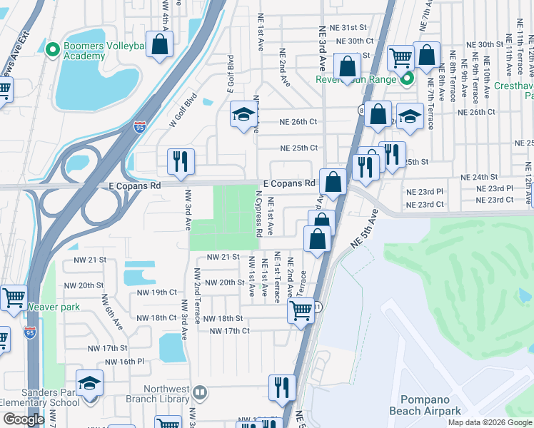 map of restaurants, bars, coffee shops, grocery stores, and more near 2221 Northeast 1st Avenue in Pompano Beach