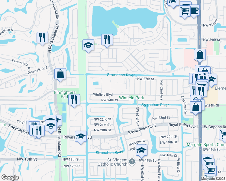map of restaurants, bars, coffee shops, grocery stores, and more near 6603 Winfield Boulevard in Margate