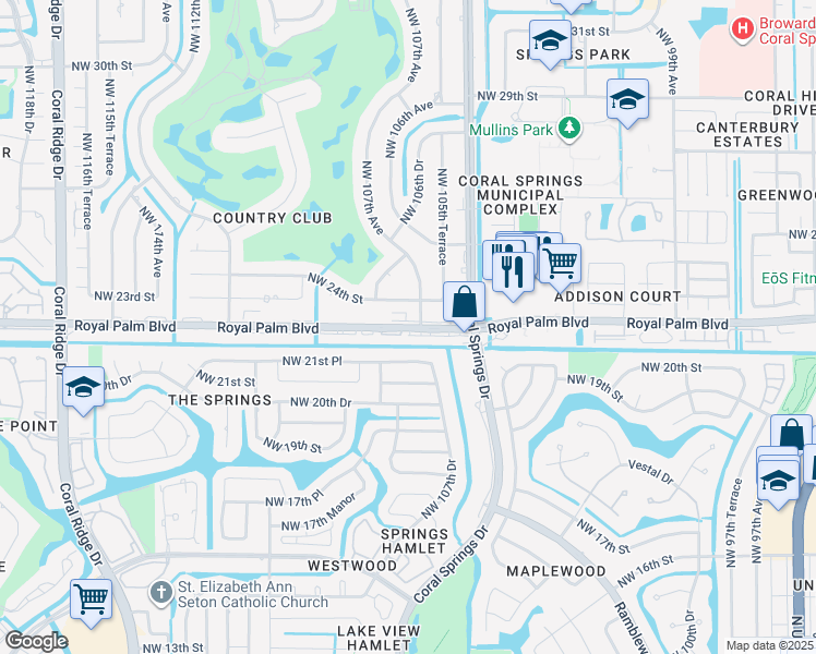 map of restaurants, bars, coffee shops, grocery stores, and more near 10601 Royal Palm Boulevard in Coral Springs