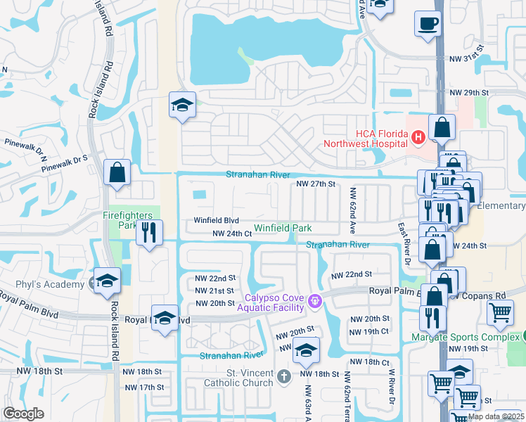 map of restaurants, bars, coffee shops, grocery stores, and more near 6501 Winfield Boulevard in Margate
